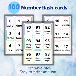 May include: A set of 100 printable number flash cards with colourful borders. The cards feature the numbers 0-100, with the number and the word spelled out. The cards are designed to help children learn to count and recognise numbers.