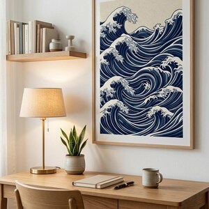 Japanese Wave Wall Art Print, Navy Blue Ukiyo-E Poster Minimalist Ocean Decor, Instant Digital Download