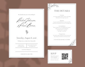 Minimal Classic Wedding Invitation Template Set, Editable Canva Template, RSVP with QR code, Details Card and Save the Date