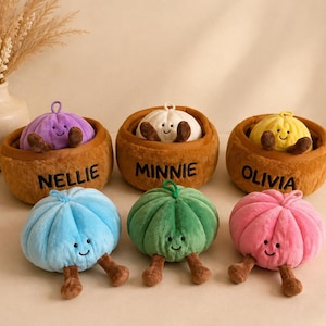 May include: Six plush pumpkin-shaped toys with smiling faces and brown legs. Three are nestled in brown plush baskets labelled with the names NELLIE, MINNIE, and OLIVIA. The other three are loose in blue, green, and pink colours with soft textures.