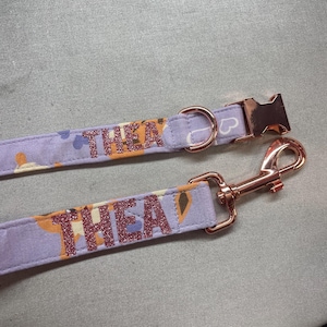 May include: Purple and pink dog collar with a rose gold buckle and a matching leash with the name "THEA" printed in pink glitter.
