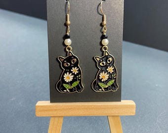 Floral Daisy Black Cat Earrings, Cute Cat Earrings for Cat Moms