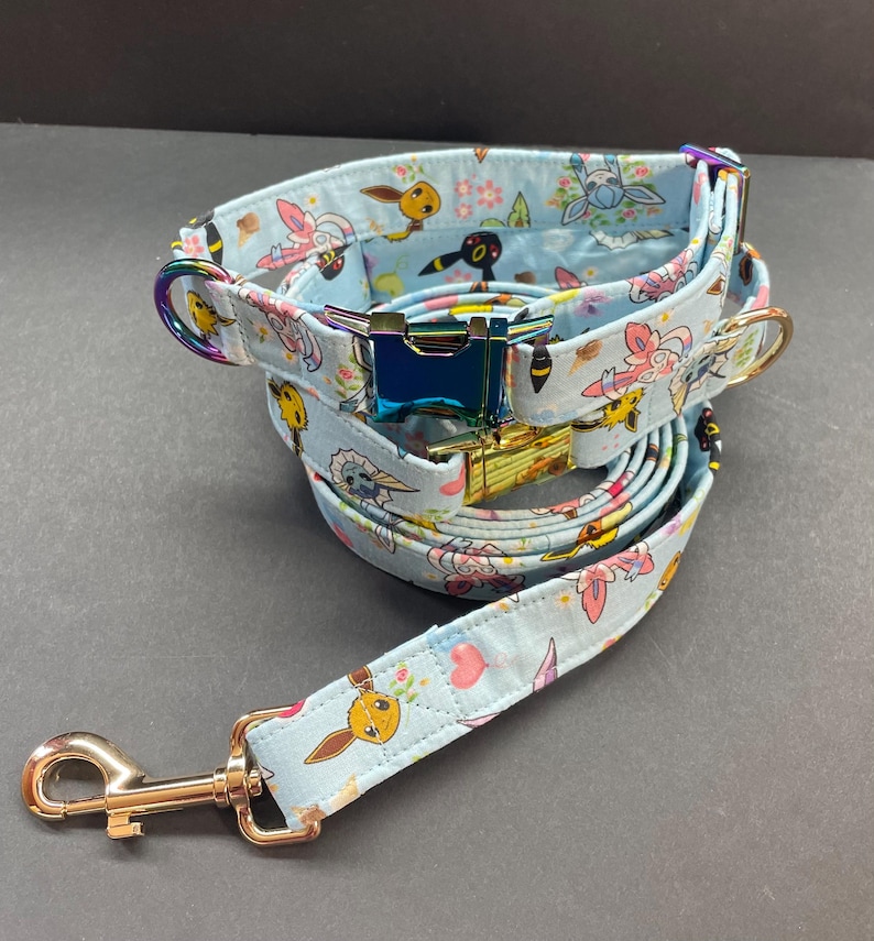 May include: A blue and white dog collar and leash set with a floral pattern and cartoon images of Pokemon characters. The collar has a gold buckle and a rainbow-colored metal D-ring. The leash has a gold hook.