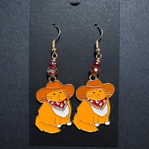 Cowboy Kitty Cat Earrings, Meowdy Orange Cat Earrings, Whimsical Orange Cat Gifts