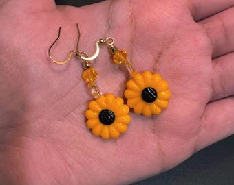 Mini Sunflower Glass Dangle Earrings, Handmade Sunflower Earrings