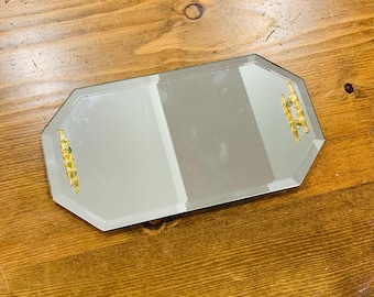 Vintage Beveled Mirrored Tray with Gold Handles