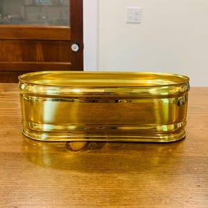 May include: A polished gold-tone metal planter with an elongated oval shape. The container features a smooth, reflective surface with a subtle horizontal ridge detail running along the upper and lower sections of the exterior wall.