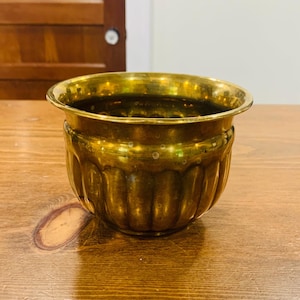 May include: A polished brass planter featuring a rounded, bulbous shape with vertical fluted detailing along the exterior body. The vessel has a wide, smooth, flared rim and a deep interior cavity, showcasing a metallic gold finish with subtle patina.