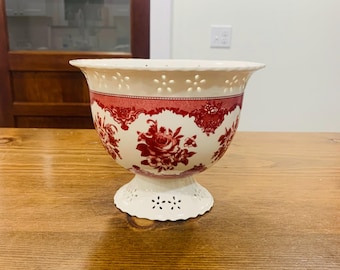 Vintage FTD Red Floral Toile Transferware Pedestal Bowl