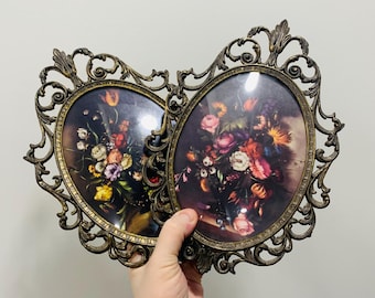 Vintage Italian Floral Print in Florentine Ornate Brass Frames Set of 2