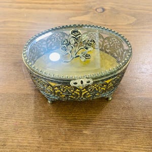 Vintage Hollywood Regency Gold Filigree Rose Embossed Footed Oval Trinket/Jewelry Box