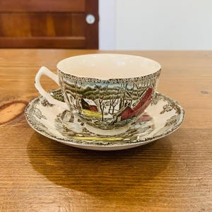 Vintage English Johnson Brothers The Friendly Village Brown Toile Transferware Teacup and Saucer