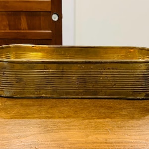 Könnte beinhalten: Ein länglicher, ovaler Messing-Pflanzkübel mit gerippter Textur an den Außenwänden und kleinen, geschwungenen Griffen an beiden Seiten. Die metallische Oberfläche hat ein poliertes, goldfarbenes Finish mit subtilen Anzeichen von Patina.