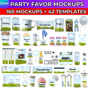 Paquete de más de 150 maquetas de regalos de fiesta, maquetas editables de Canva, bolsa de jugo de barra de chocolate, bolsa de papas fritas, maqueta de botella de agua DIY