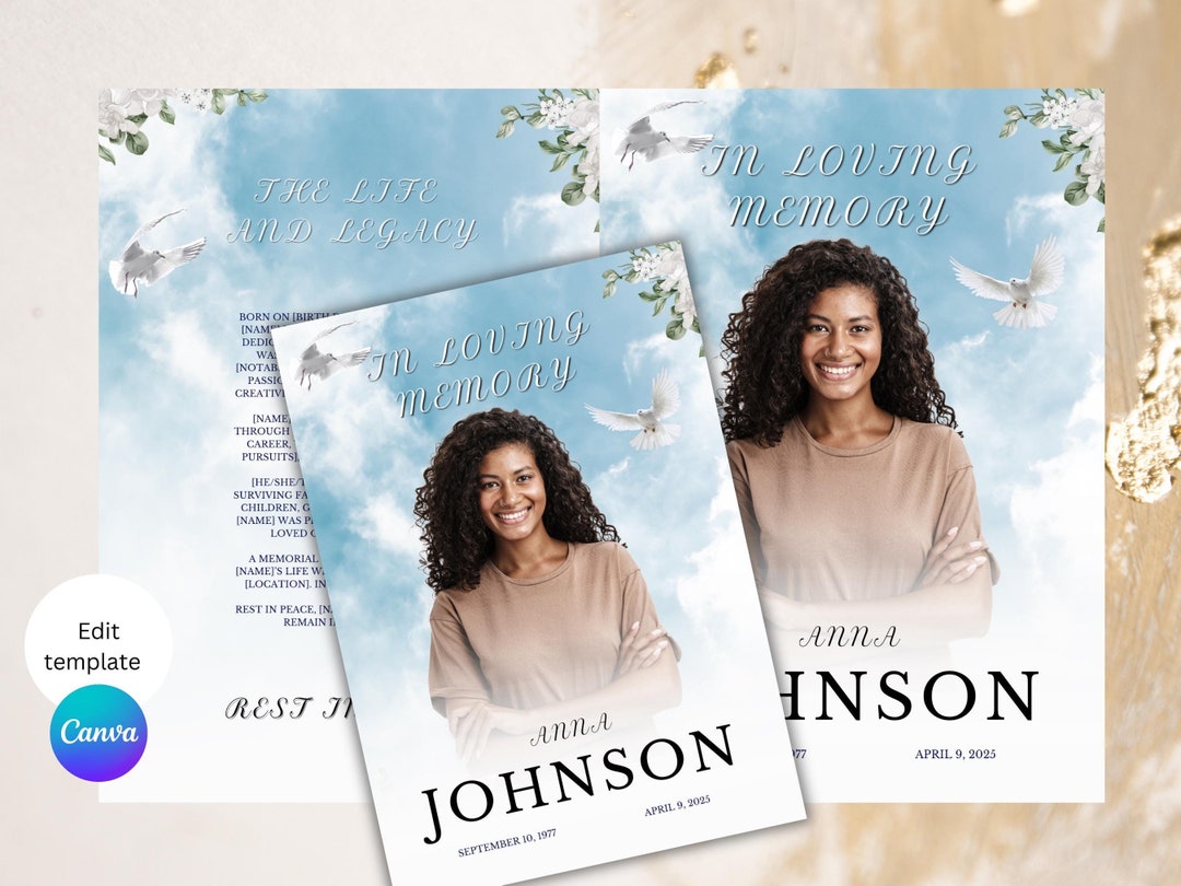 Editable Obituary Memorial Template Celebration of Life Cloud Style