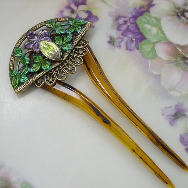 Green, Purple, Flower, Hair Stick, Gold, Jewel, Handmade