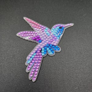 May include: A colorful hummingbird with pink, blue, and purple iridescent rhinestones, a popular craft project.