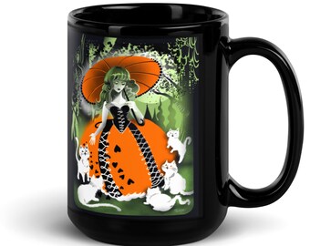 Retro style Illustration Art Deco lady with White Cats Black Glossy Mug