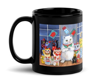 Adorable Lucky Cats Cute Kawaii Good Luck Black Glossy Mug