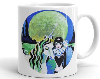 Unicorn and Pierrette mug- The Last Unicorn, Art deco style illustration- Choose your size!