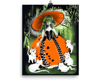 Retro Art Deco Style "Our Lady of Cats" unique orange black green Illustrated Poster