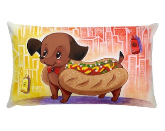 Hot Dog in the City Pillow Cute and Kitschy Retro Diner Illustration