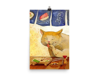 Sushi Cat "All Done" Poster, Watercolor Illustration