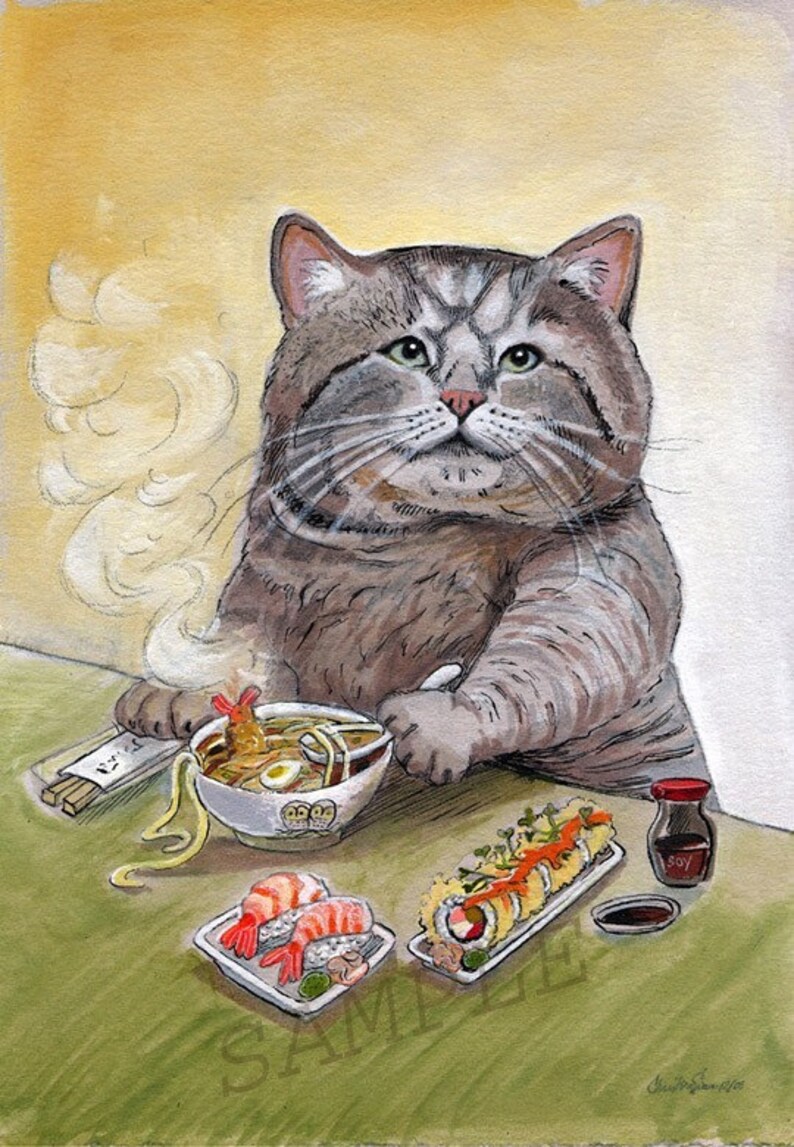 Картинка сытый кот и голодная кошка. Рисованные коты. Котик и роллы. Кошка иллюстрация. Картина котики