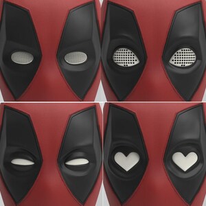 Puede incluir: Primer plano de una m&aacute;scara de Deadpool con cuatro expresiones oculares diferentes. La m&aacute;scara es roja con contornos negros para los ojos y la boca. Las formas de los ojos incluyen &oacute;valos, redondos y corazones.