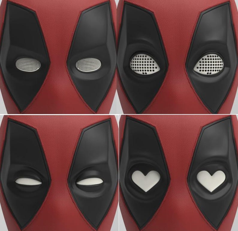 Puede incluir: Primer plano de una m&aacute;scara de Deadpool con cuatro expresiones oculares diferentes. La m&aacute;scara es roja con contornos negros para los ojos y la boca. Las formas de los ojos incluyen &oacute;valos, redondos y corazones.