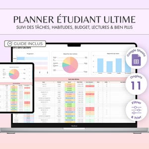 Peut inclure: Un ordinateur portable et une tablette affichent une interface de planificateur étudiant avec des graphiques et des tableaux. L'écran montre le suivi des tâches, des habitudes, du budget et des lectures. Le texte indique "PLANNER ÉTUDIANT ULTIME".