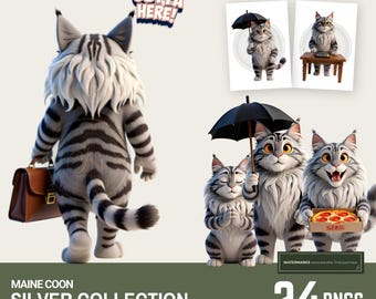 Silver Maine Coon Cat PNGs • 24 Poses • CHARACTER BUNDLE • Digital Download