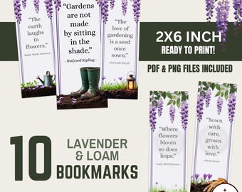 Lavender and Loam Bookmarks • 10 2x6 Printables & PNGs • GARDENING QUOTES • Digital Download