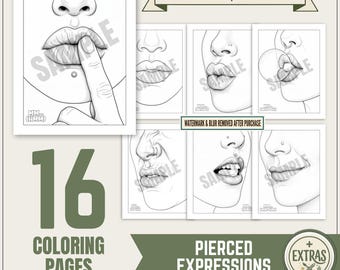 PIERCED EXPRESSIONS Coloring Pages • 16 Printables • Digital Download