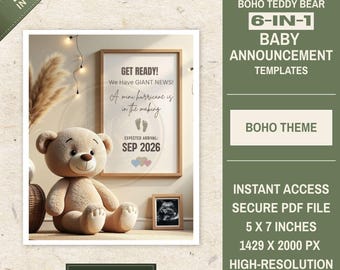 Boho Teddy Bear Baby Announcement • 6-IN-1 Canva Templates • BOHO THEME • Digital Download