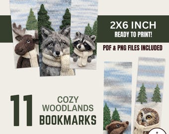Cozy Woodlands Bookmarks • 12 2x6 Printables & PNGs • TEXTURED-LOOK • Digital Download