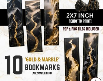 Gold and Marble Bookmarks • 10 2x7 Printables & PNGs • LANDSCAPE EDITION • Digital Download