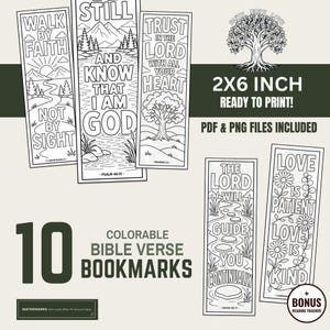 May include: A set of ten printable colourable bookmarks featuring black and white line art designs with Bible verses. Each bookmark measures 2x6 inches and includes illustrations of landscapes, trees, and flowers. Text includes Walk by Faith, Be Still and Know That I Am God, Trust in the Lord, The Lord Will Guide You Continually, and Love is Patient Love is Kind.
