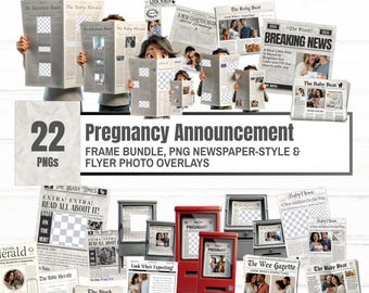 Pregnancy Announcement Newspaper Overlays: 22 PNG Frames (Digital Download)