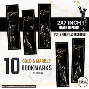 Gold and Marble Bookmarks • 10 2x7 Printables & PNGs • FELINE EDITION • Digital Download