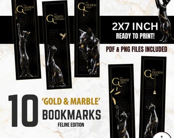 Gold and Marble Bookmarks • 10 2x7 Printables & PNGs • FELINE EDITION • Digital Download
