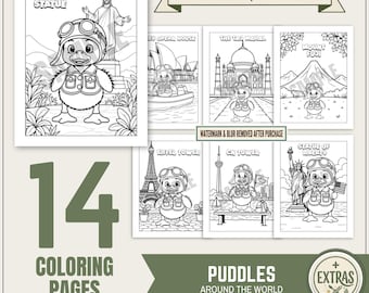 PUDDLES-AROUND-the-WORLD Coloring Pages • 14 Printables • Digital Download