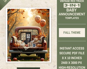 Vintage Red Truck Baby Announcement • 3-IN-1 Canva Templates • FALL THEME • Digital Download