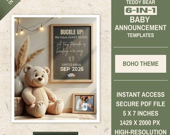 Blackboard Teddy Bear Baby Announcement • 6-IN-1 Canva Templates • BOHO THEME • Digital Download