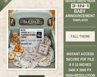 Vintage Green Truck Baby Announcement • 3-IN-1 Canva Templates • FALL THEME • Digital Download