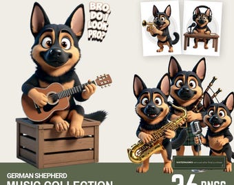 German Shepherd PNGs • 26 Music Poses • CHARACTER BUNDLE • Digital Download