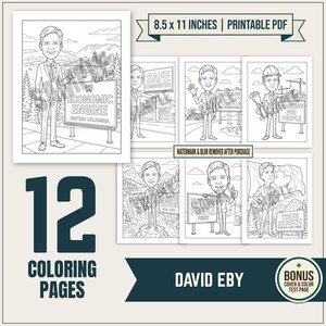May include: A collection of 12 printable coloring pages, each 8.5 x 11 inches, featuring line art illustrations. The pages include images of a person with various signs, including "Economic Engine" and "True North". A bonus cover and color test page are included.
