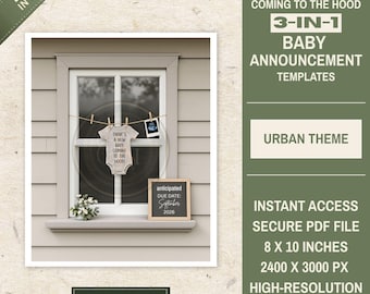 Coming to the Hood Baby Announcement • 3-IN-1 Canva Templates • URBAN THEME • Digital Download