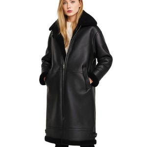 Damen Schwarzer Shearling Leder Trenchcoat - Langer Wintermantel mit Pelzfutter, Handgefertigte Echte Schaffell Oberbekleidung, Warme Geschenke für Sie