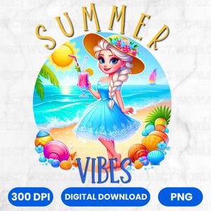 Princess Summer Vibe Png, Princess Png Sublimacja Projektu, Dziecięca Kreskówka Png, Rysunek Plaży Png, Natychmiastowe Pobieranie Cyfrowe